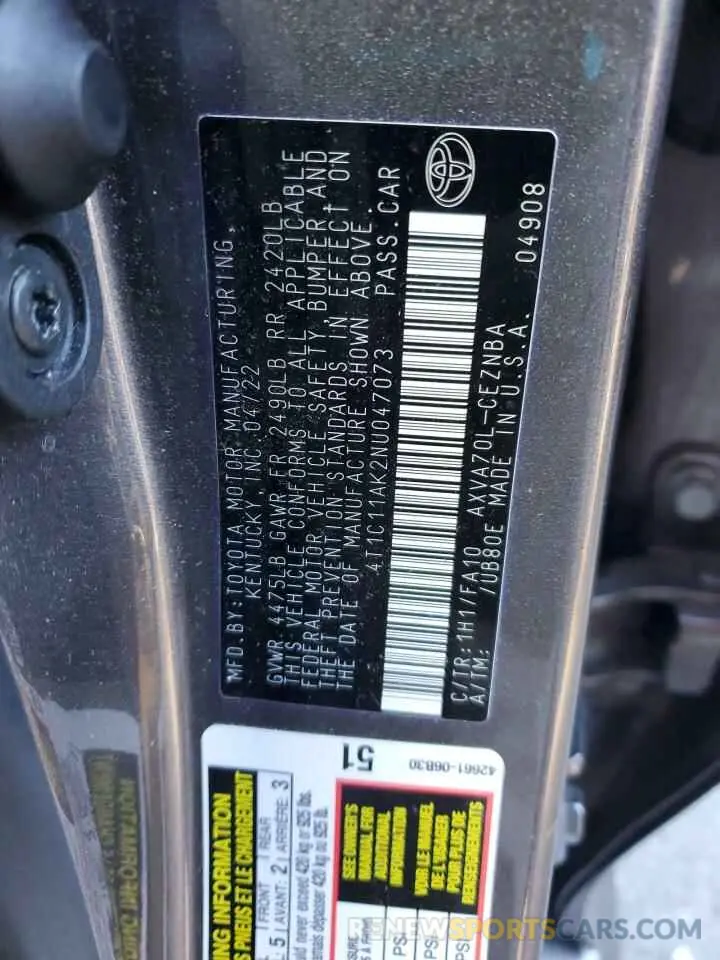 12 fotografías del automóvil dañado 4T1C11AK2NU047073 TOYOTA CAMRY 2022