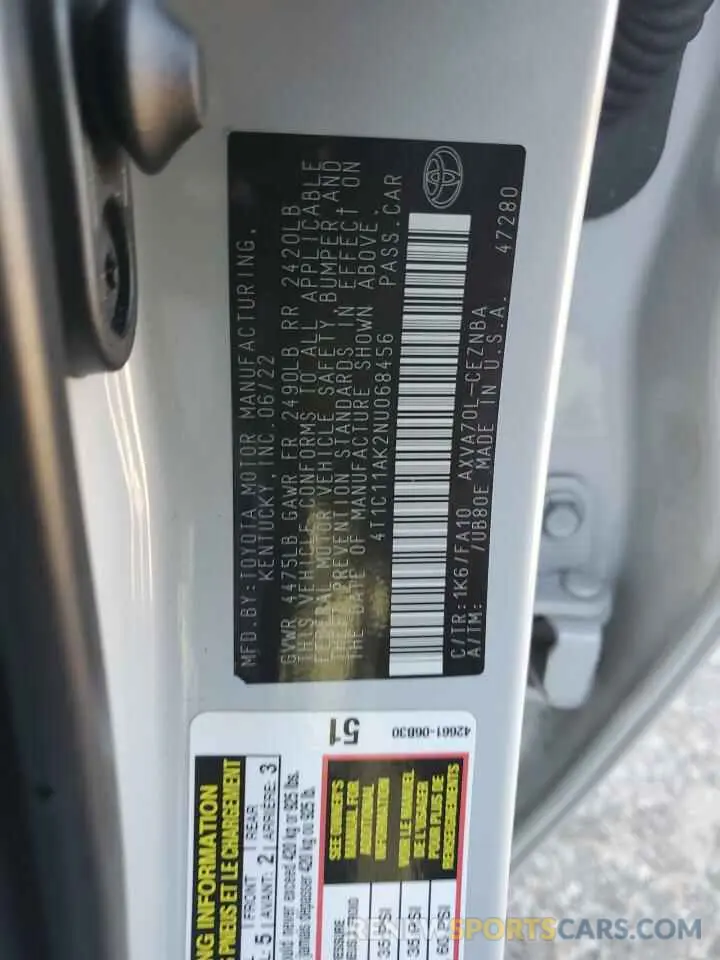 12 fotografías del automóvil dañado 4T1C11AK2NU068456 TOYOTA CAMRY 2022