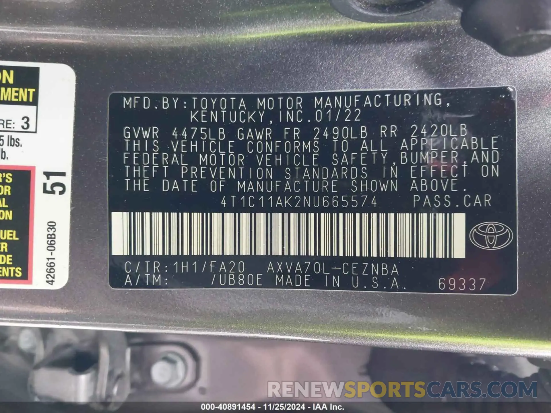 9 fotografías del automóvil dañado 4T1C11AK2NU665574 TOYOTA CAMRY 2022