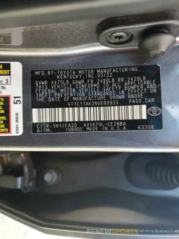 12 fotografías del automóvil dañado 4T1C11AK2NU680933 TOYOTA CAMRY 2022