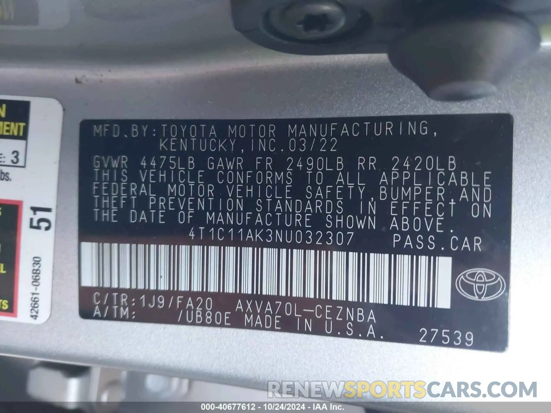 9 fotografías del automóvil dañado 4T1C11AK3NU032307 TOYOTA CAMRY 2022