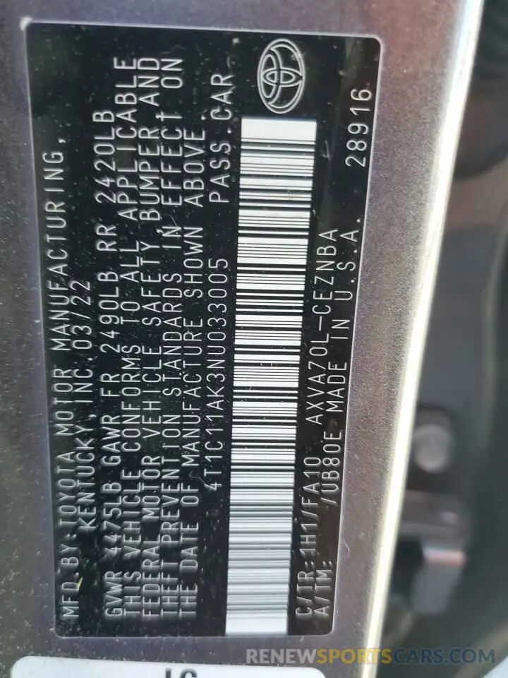 13 fotografías del automóvil dañado 4T1C11AK3NU033005 TOYOTA CAMRY 2022