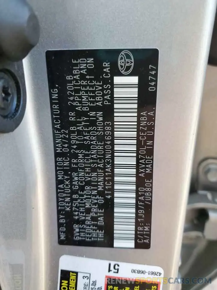 12 fotografías del automóvil dañado 4T1C11AK3NU046983 TOYOTA CAMRY 2022