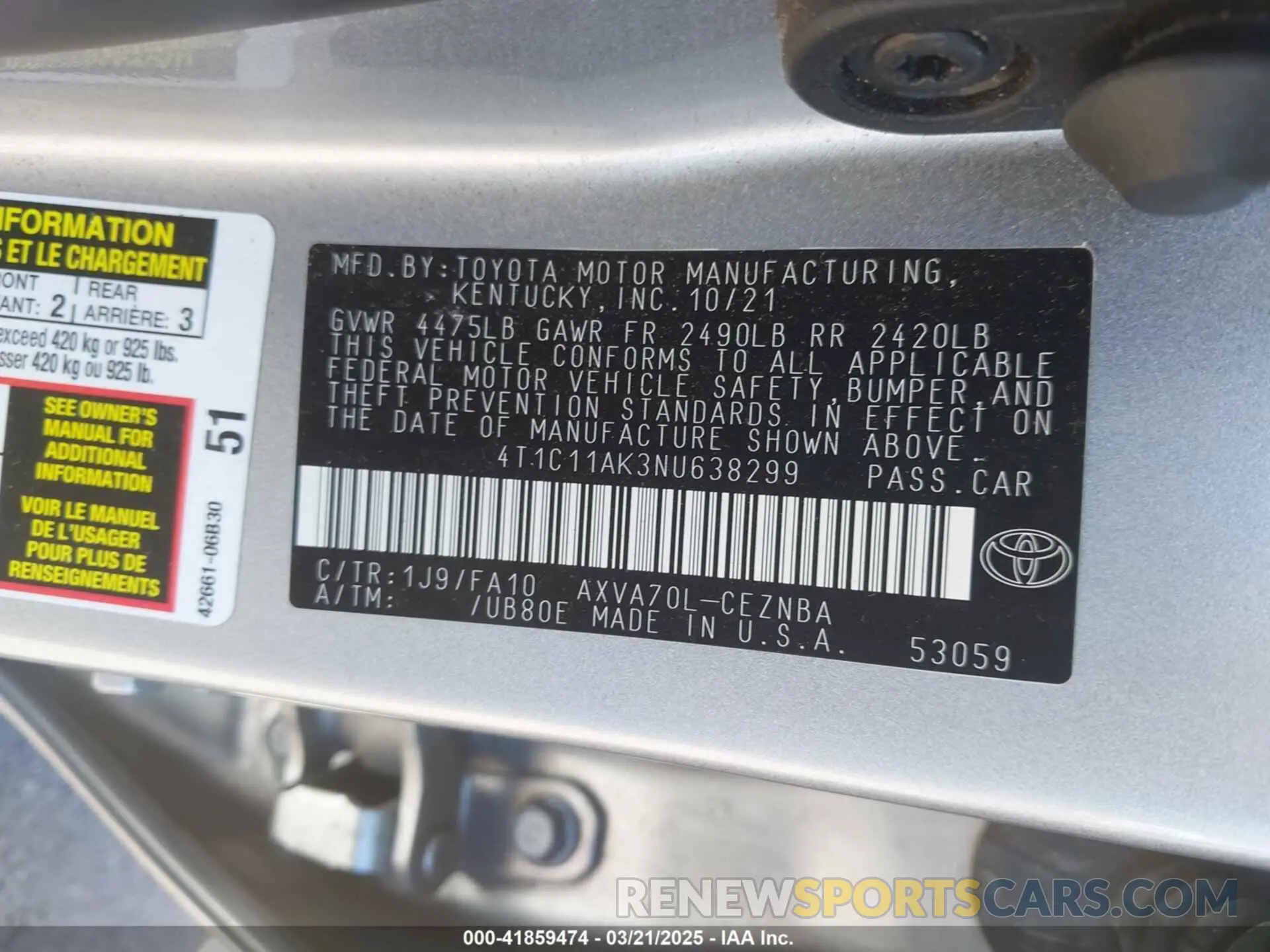 9 fotografías del automóvil dañado 4T1C11AK3NU638299 TOYOTA CAMRY 2022