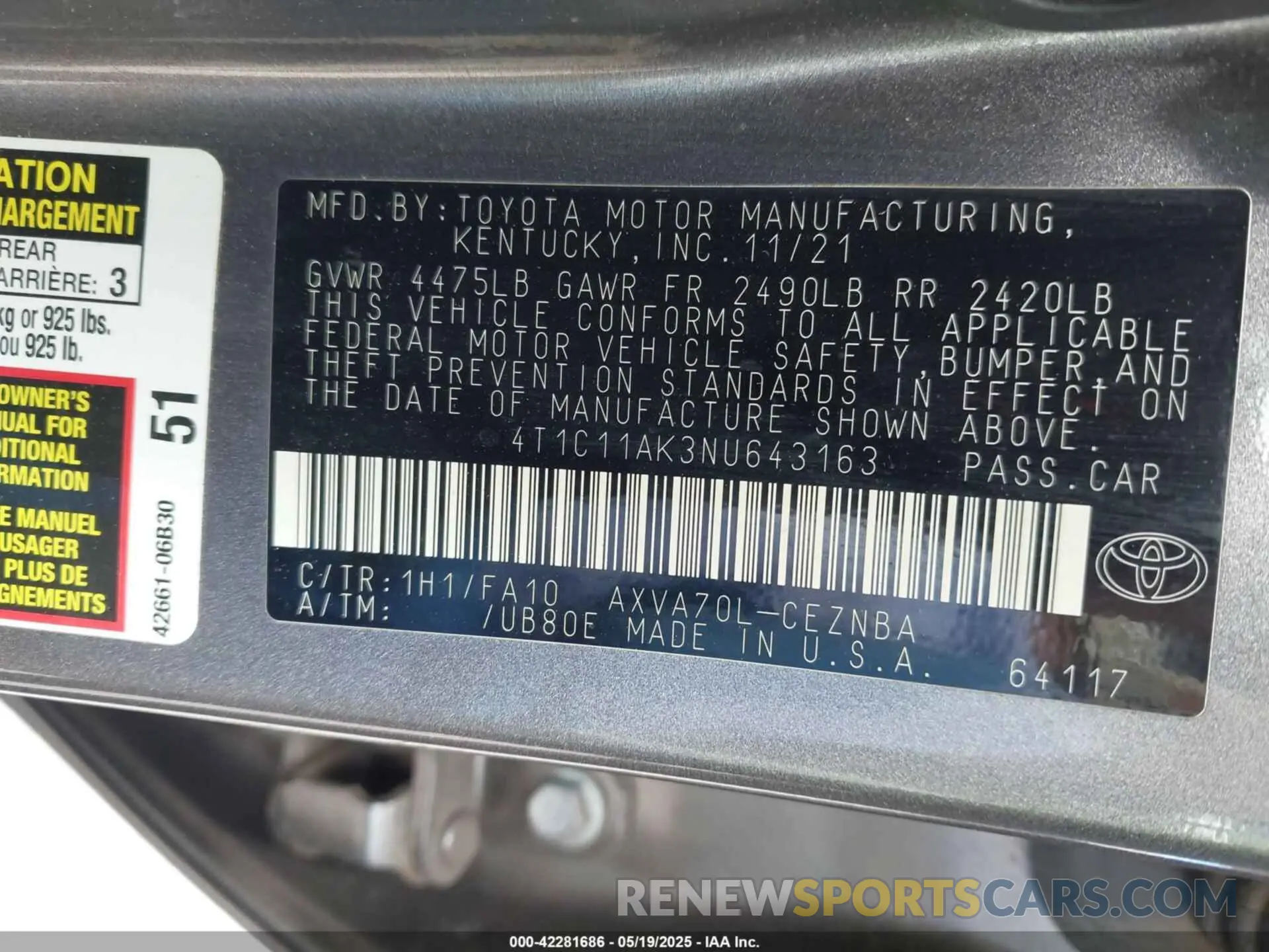9 fotografías del automóvil dañado 4T1C11AK3NU643163 TOYOTA CAMRY 2022