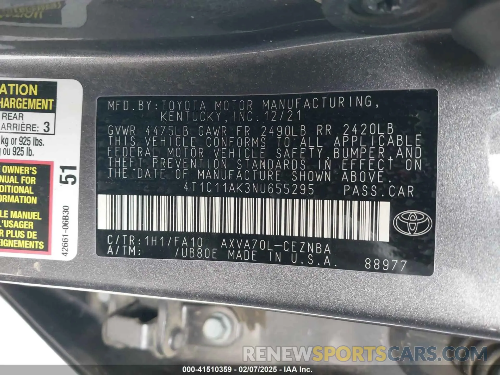 9 fotografías del automóvil dañado 4T1C11AK3NU655295 TOYOTA CAMRY 2022