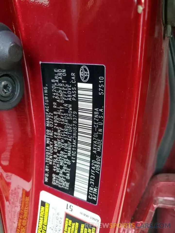 12 fotografías del automóvil dañado 4T1C11AK3NU678379 TOYOTA CAMRY 2022