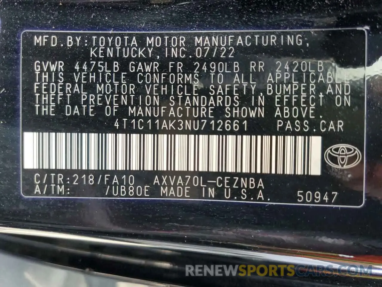 13 fotografías del automóvil dañado 4T1C11AK3NU712661 TOYOTA CAMRY 2022