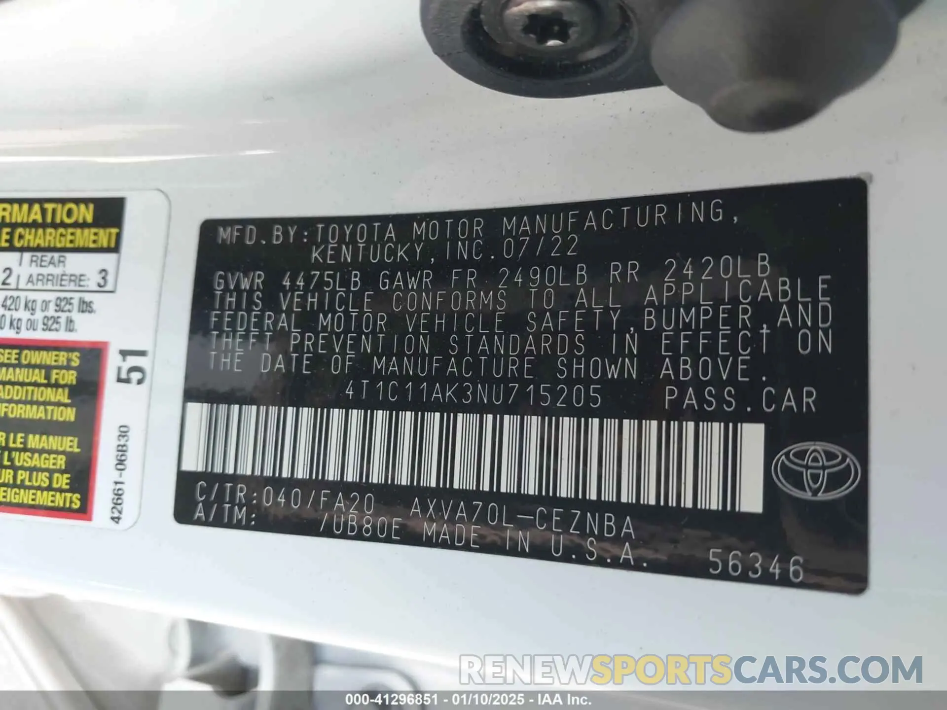 9 fotografías del automóvil dañado 4T1C11AK3NU715205 TOYOTA CAMRY 2022
