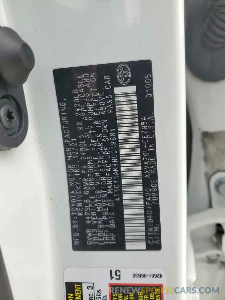 12 fotografías del automóvil dañado 4T1C11AK4NU018884 TOYOTA CAMRY 2022