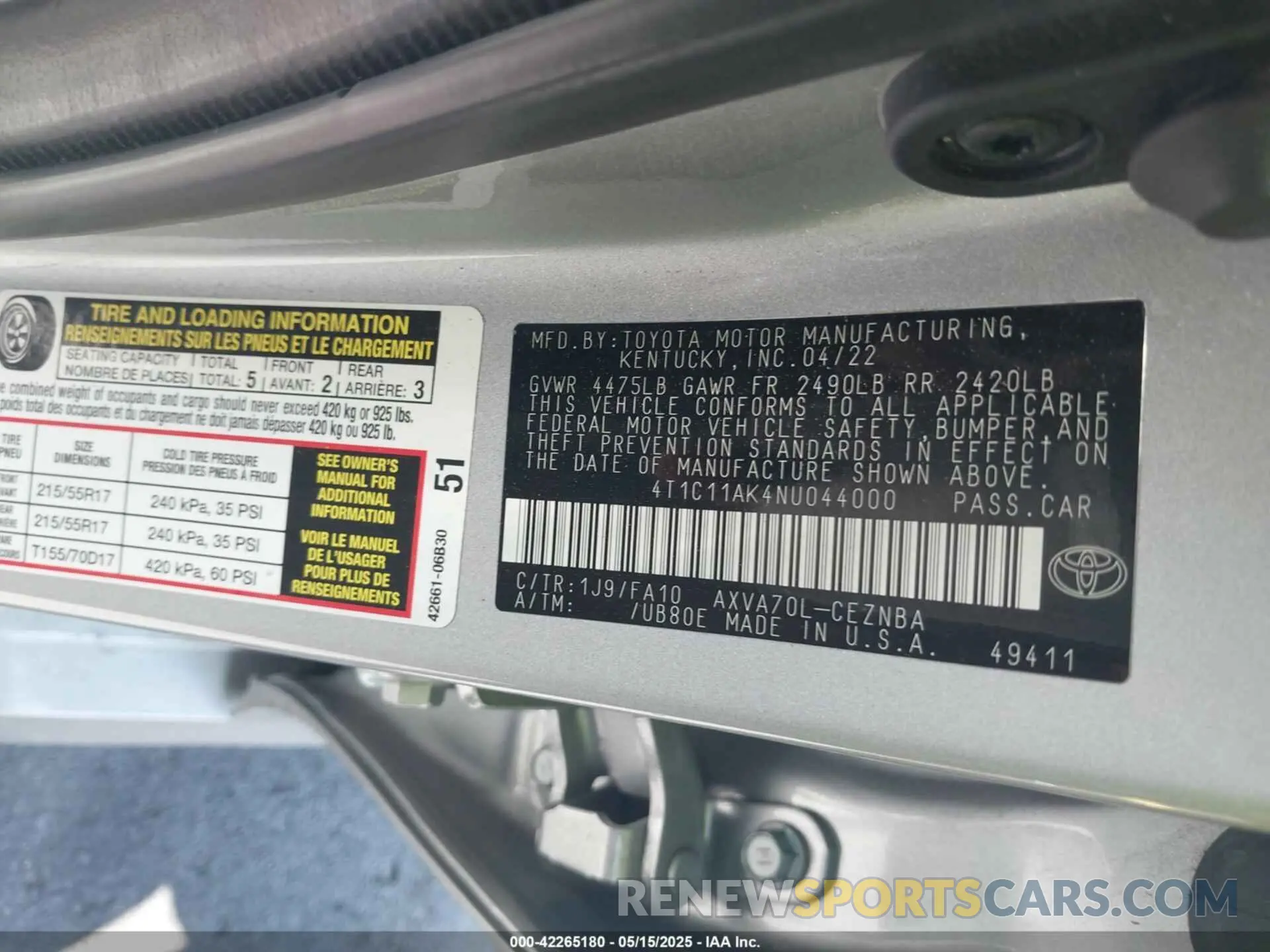 9 fotografías del automóvil dañado 4T1C11AK4NU044000 TOYOTA CAMRY 2022