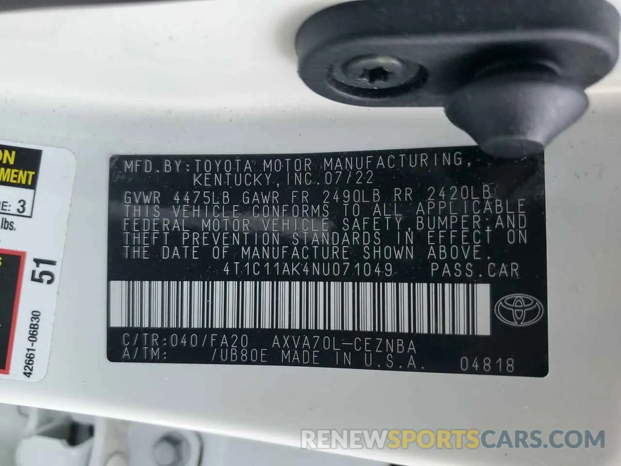 12 fotografías del automóvil dañado 4T1C11AK4NU071049 TOYOTA CAMRY 2022