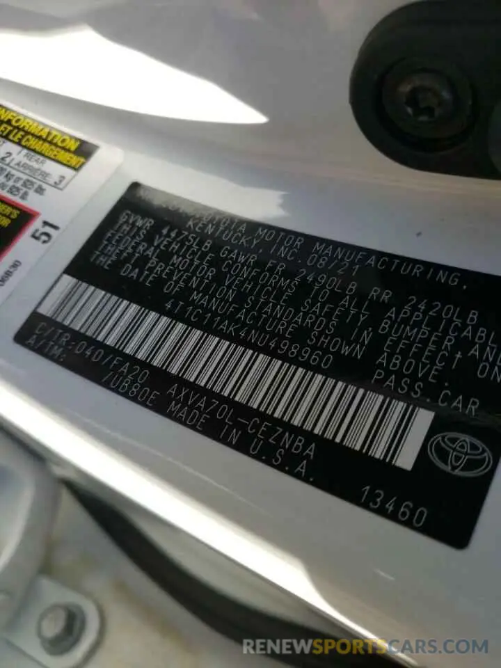 10 fotografías del automóvil dañado 4T1C11AK4NU498960 TOYOTA CAMRY 2022
