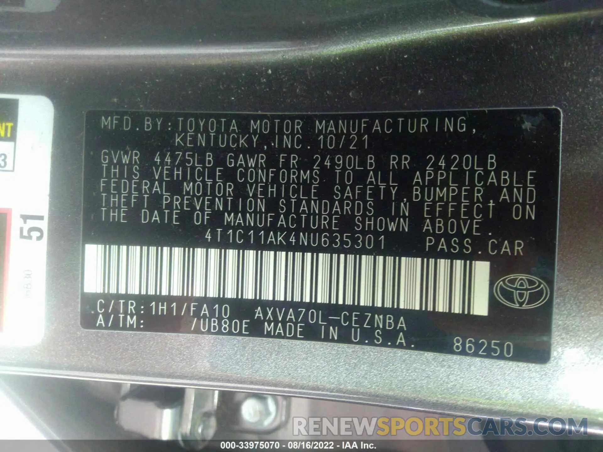 9 fotografías del automóvil dañado 4T1C11AK4NU635301 TOYOTA CAMRY 2022