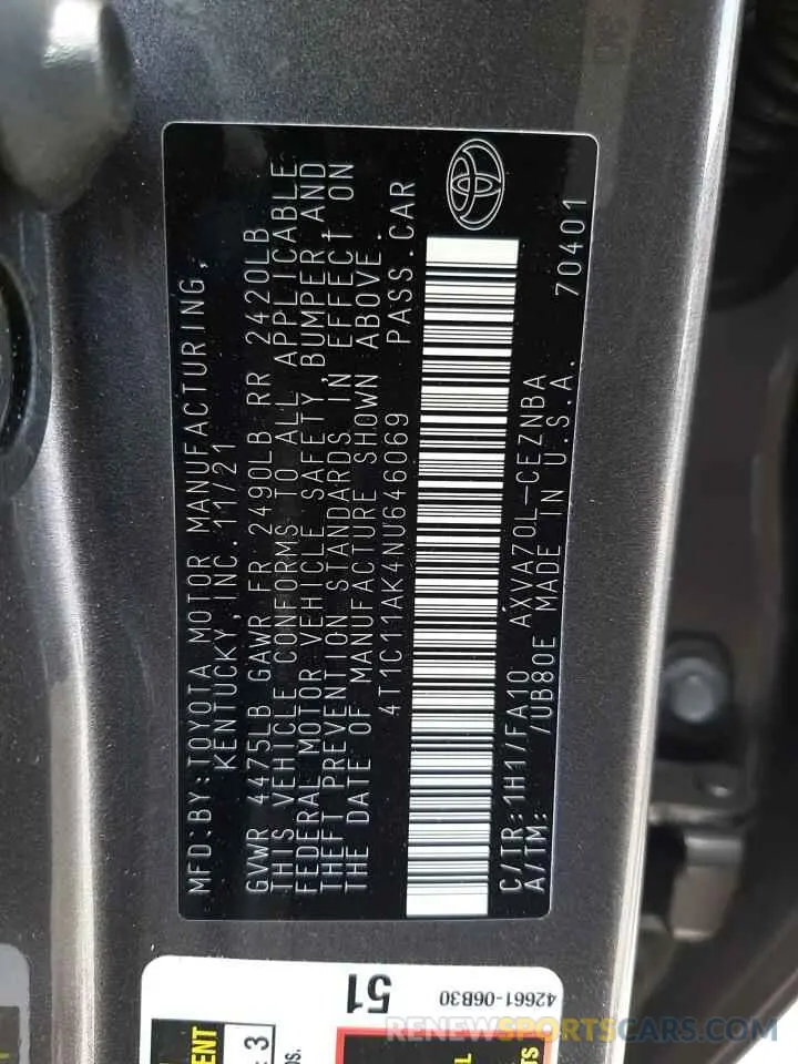 10 fotografías del automóvil dañado 4T1C11AK4NU646069 TOYOTA CAMRY 2022