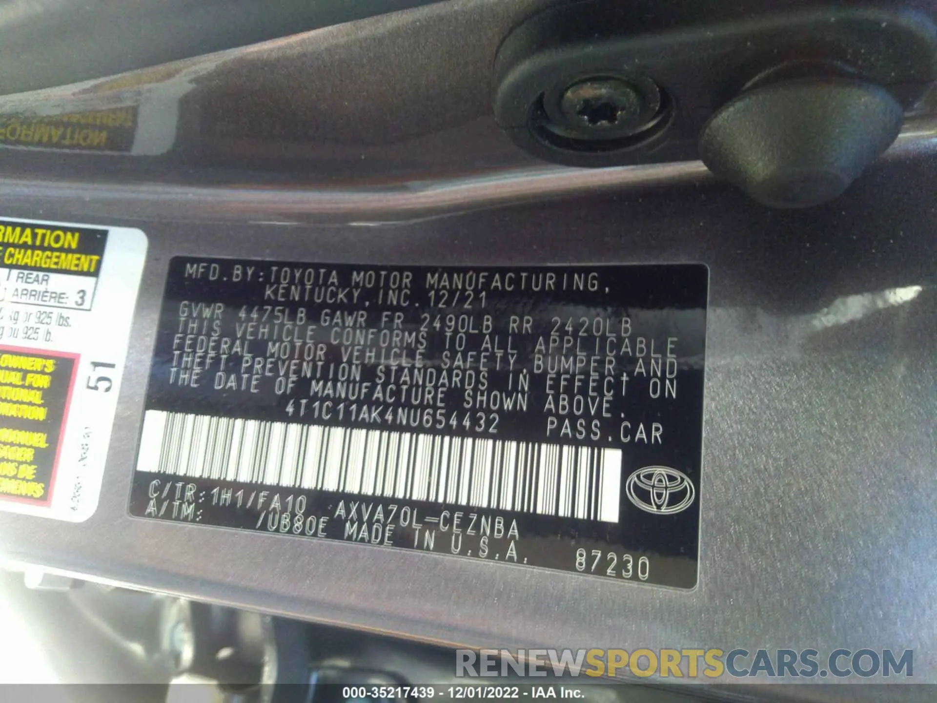 9 fotografías del automóvil dañado 4T1C11AK4NU654432 TOYOTA CAMRY 2022