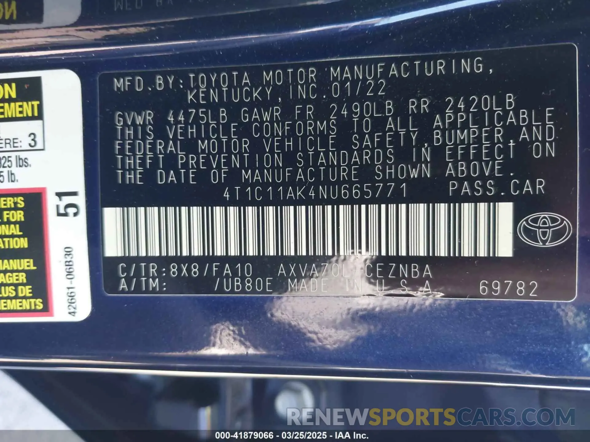 9 fotografías del automóvil dañado 4T1C11AK4NU665771 TOYOTA CAMRY 2022
