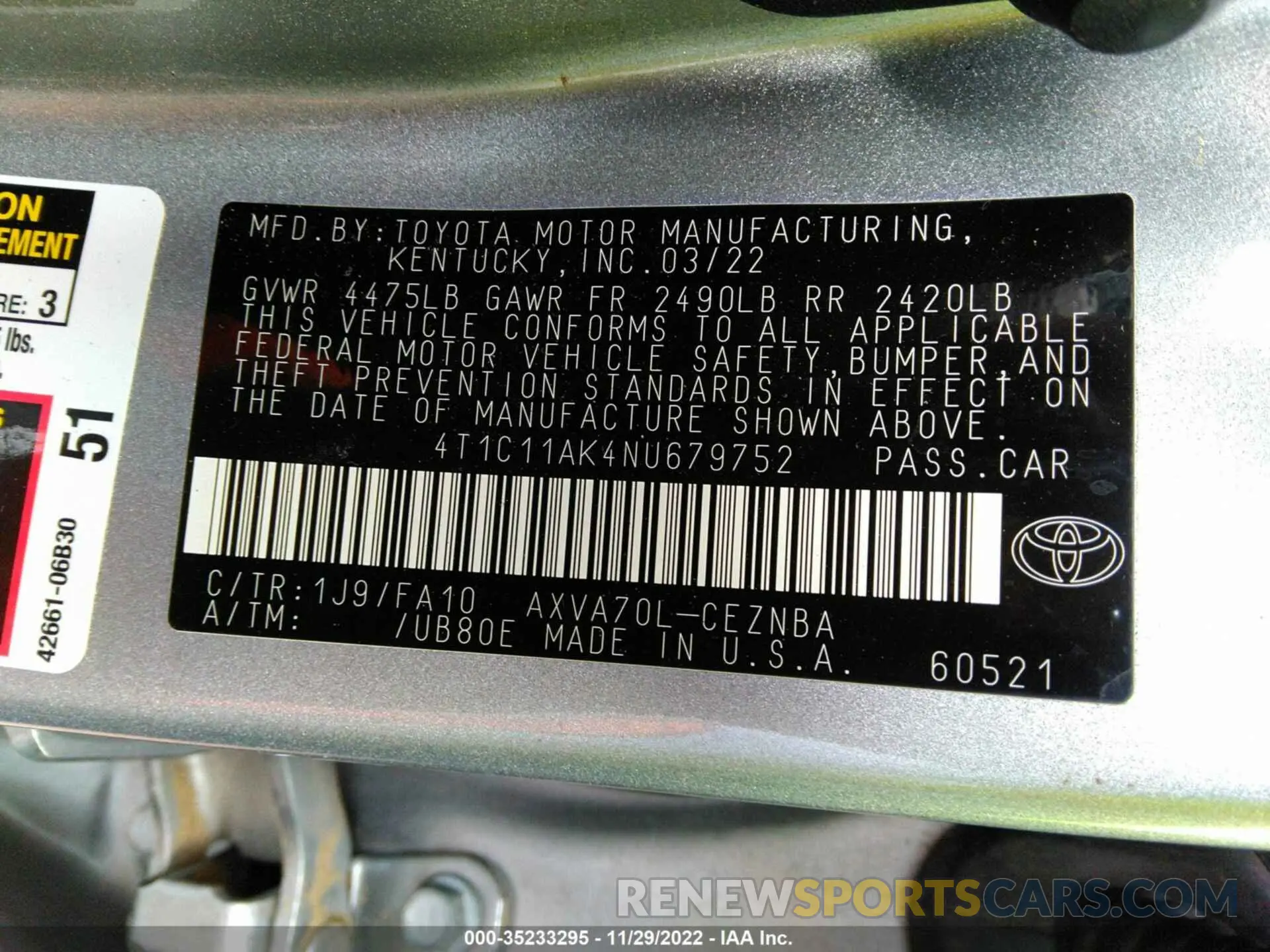 9 fotografías del automóvil dañado 4T1C11AK4NU679752 TOYOTA CAMRY 2022