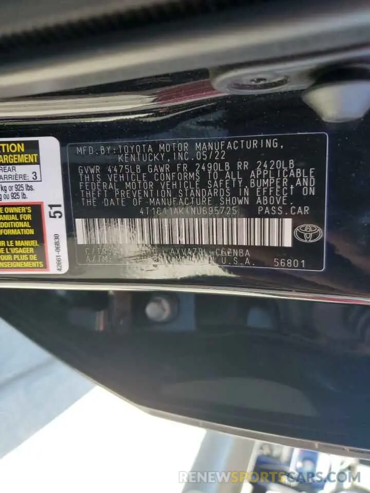 12 fotografías del automóvil dañado 4T1C11AK4NU695725 TOYOTA CAMRY 2022