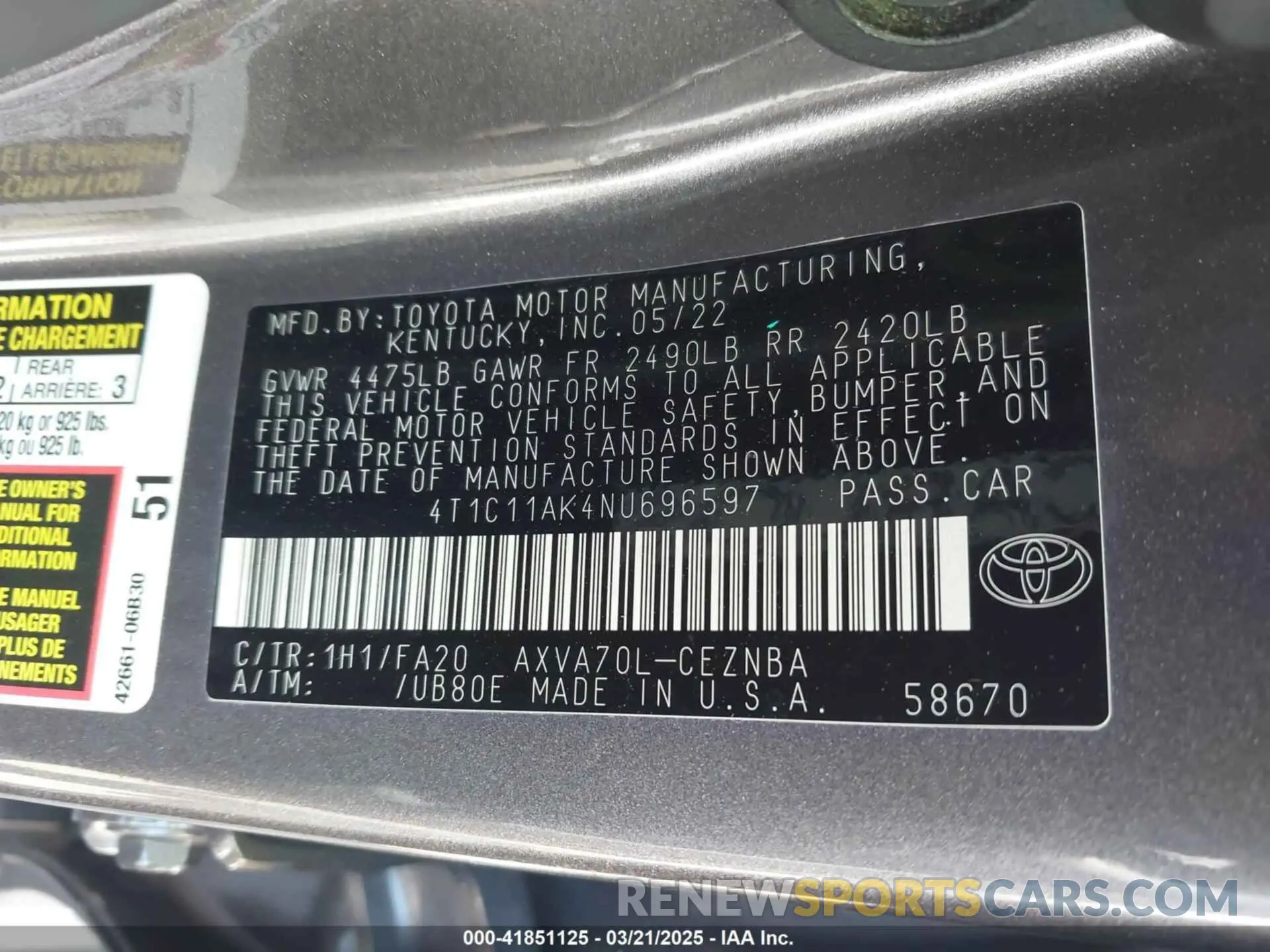 9 fotografías del automóvil dañado 4T1C11AK4NU696597 TOYOTA CAMRY 2022