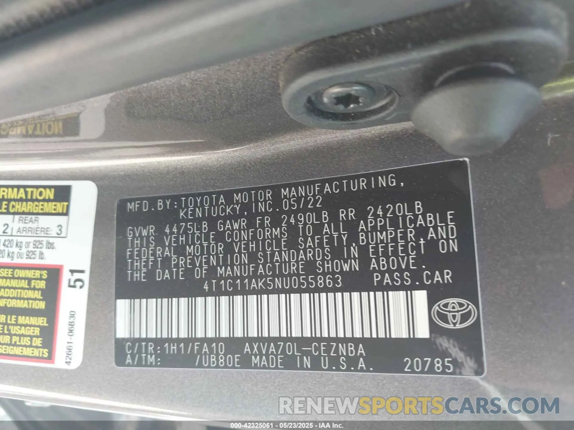 9 fotografías del automóvil dañado 4T1C11AK5NU055863 TOYOTA CAMRY 2022