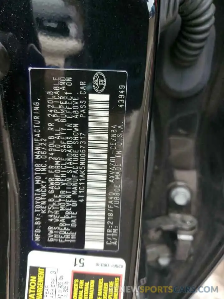 12 fotografías del automóvil dañado 4T1C11AK5NU067317 TOYOTA CAMRY 2022