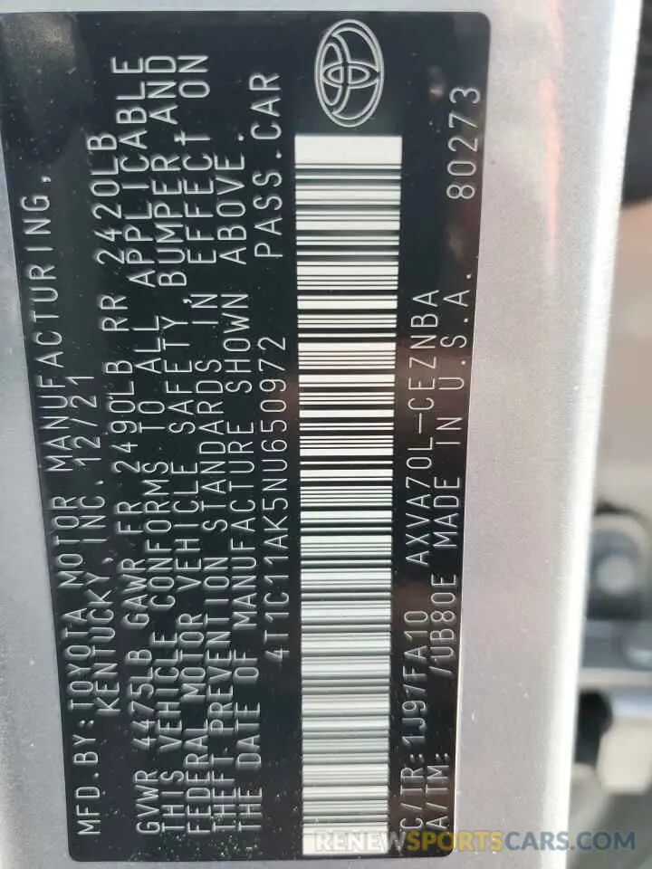 13 fotografías del automóvil dañado 4T1C11AK5NU650972 TOYOTA CAMRY 2022
