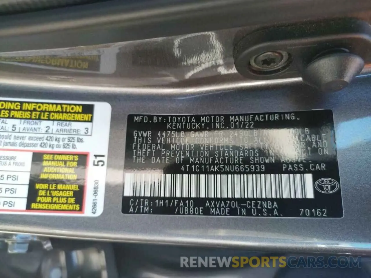 10 fotografías del automóvil dañado 4T1C11AK5NU665939 TOYOTA CAMRY 2022