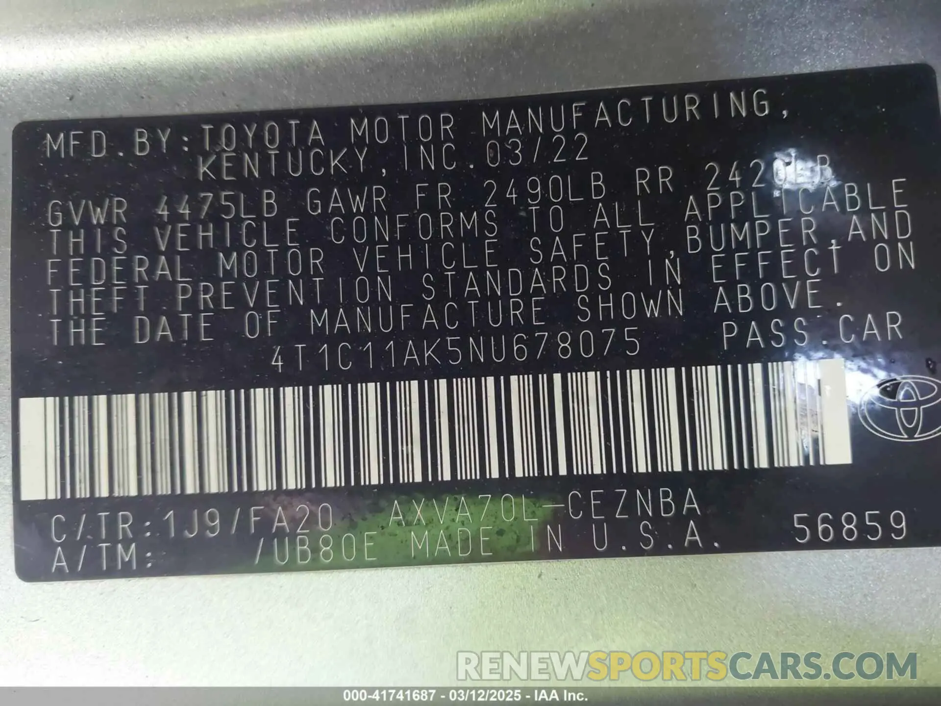 9 fotografías del automóvil dañado 4T1C11AK5NU678075 TOYOTA CAMRY 2022