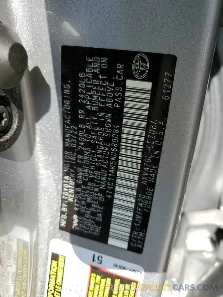10 fotografías del automóvil dañado 4T1C11AK5NU680084 TOYOTA CAMRY 2022