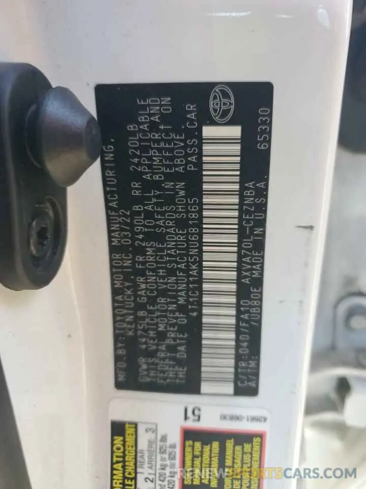 12 fotografías del automóvil dañado 4T1C11AK5NU681865 TOYOTA CAMRY 2022