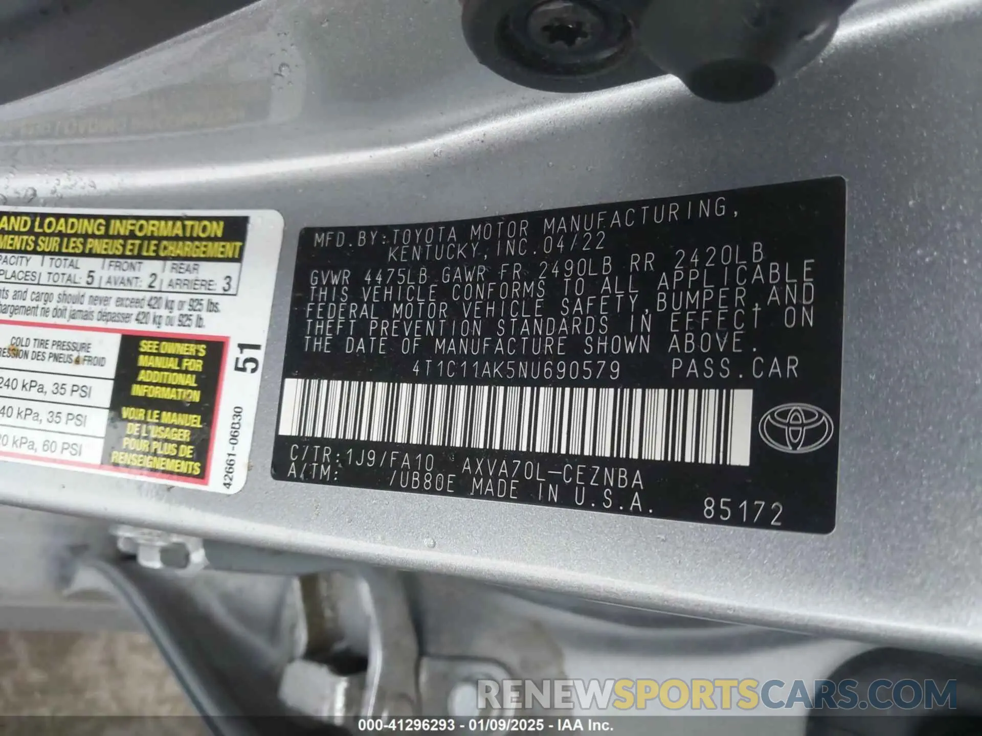 9 fotografías del automóvil dañado 4T1C11AK5NU690579 TOYOTA CAMRY 2022
