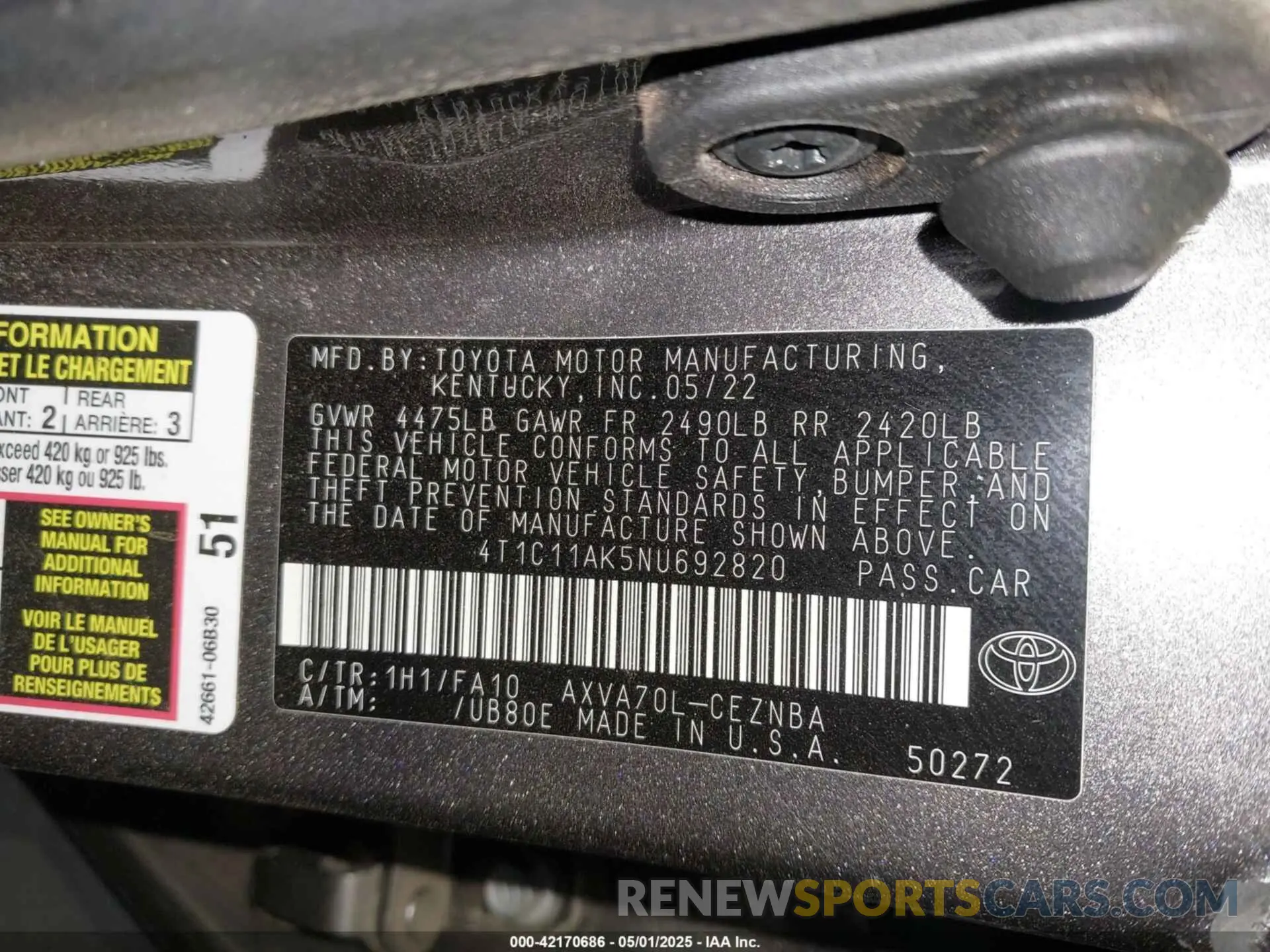 9 fotografías del automóvil dañado 4T1C11AK5NU692820 TOYOTA CAMRY 2022