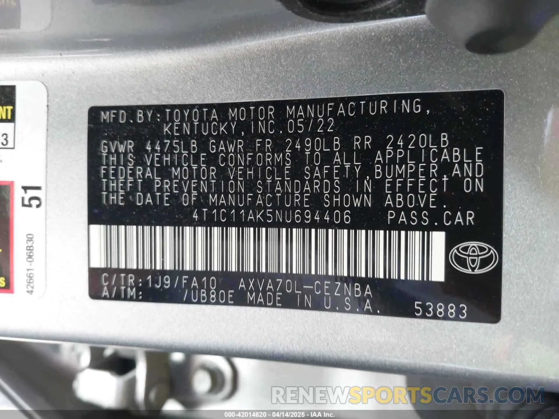 9 fotografías del automóvil dañado 4T1C11AK5NU694406 TOYOTA CAMRY 2022