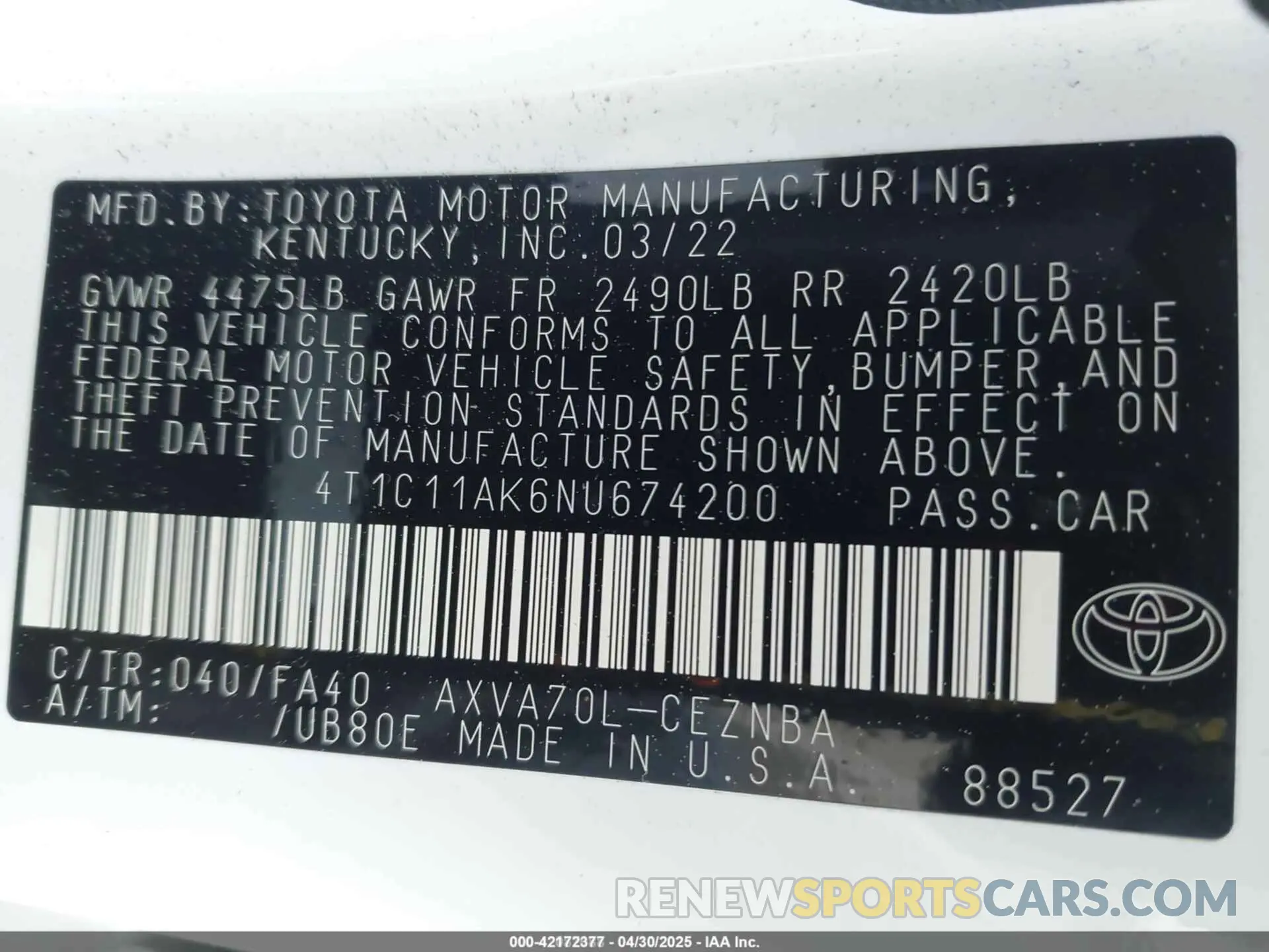 9 fotografías del automóvil dañado 4T1C11AK6NU674200 TOYOTA CAMRY 2022