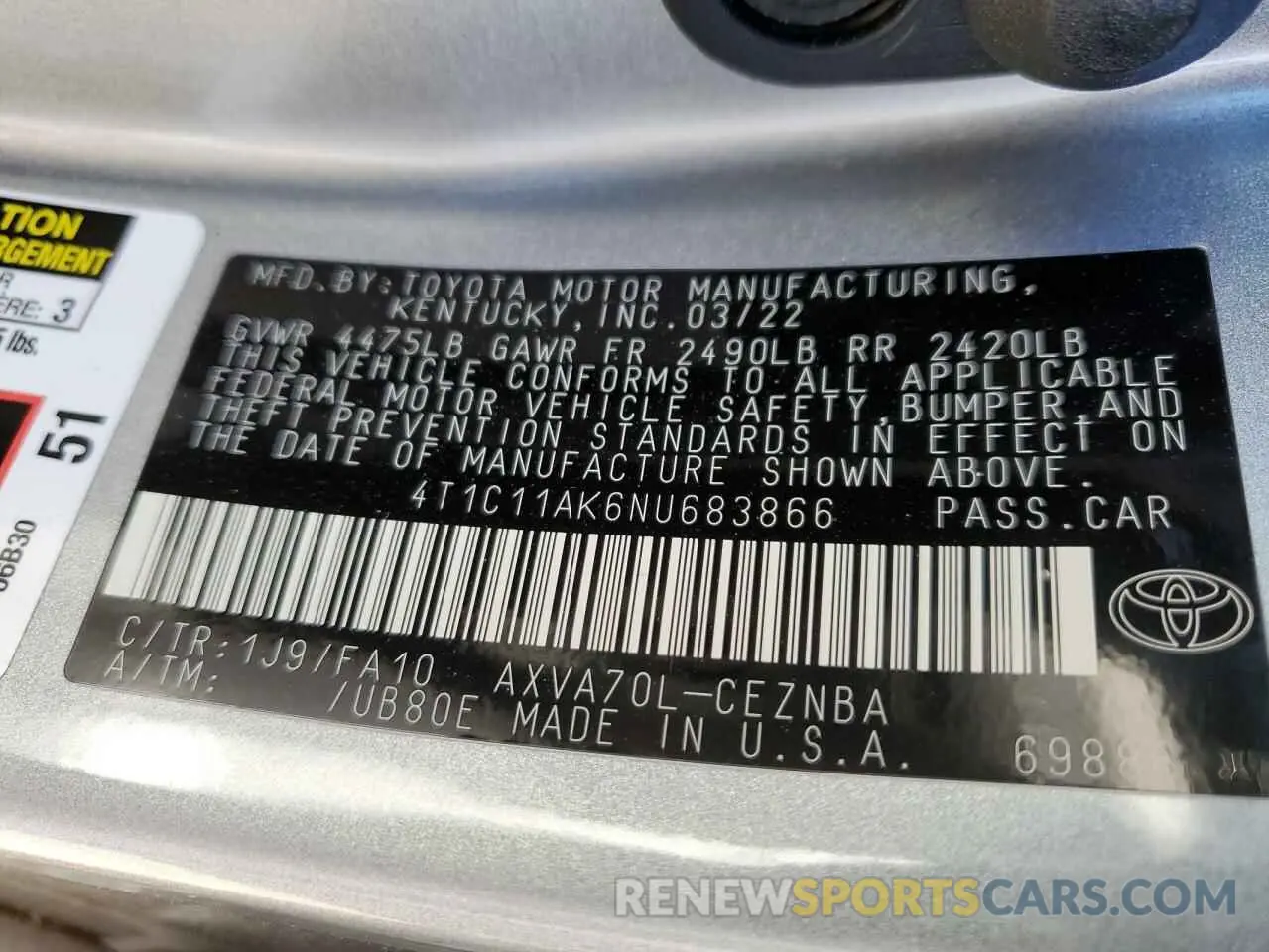 10 fotografías del automóvil dañado 4T1C11AK6NU683866 TOYOTA CAMRY 2022