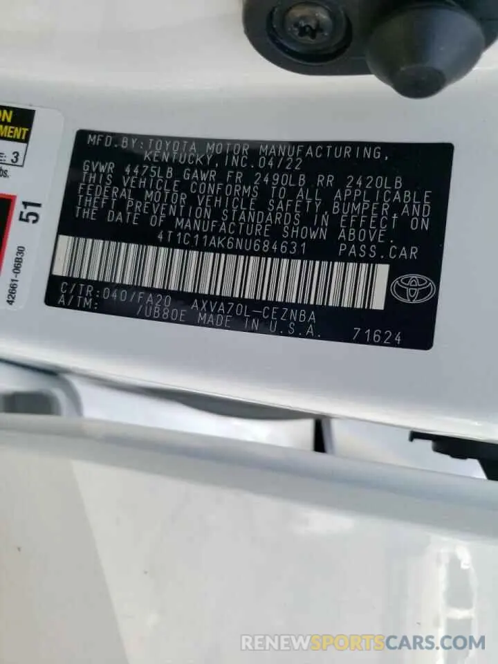 10 fotografías del automóvil dañado 4T1C11AK6NU684631 TOYOTA CAMRY 2022