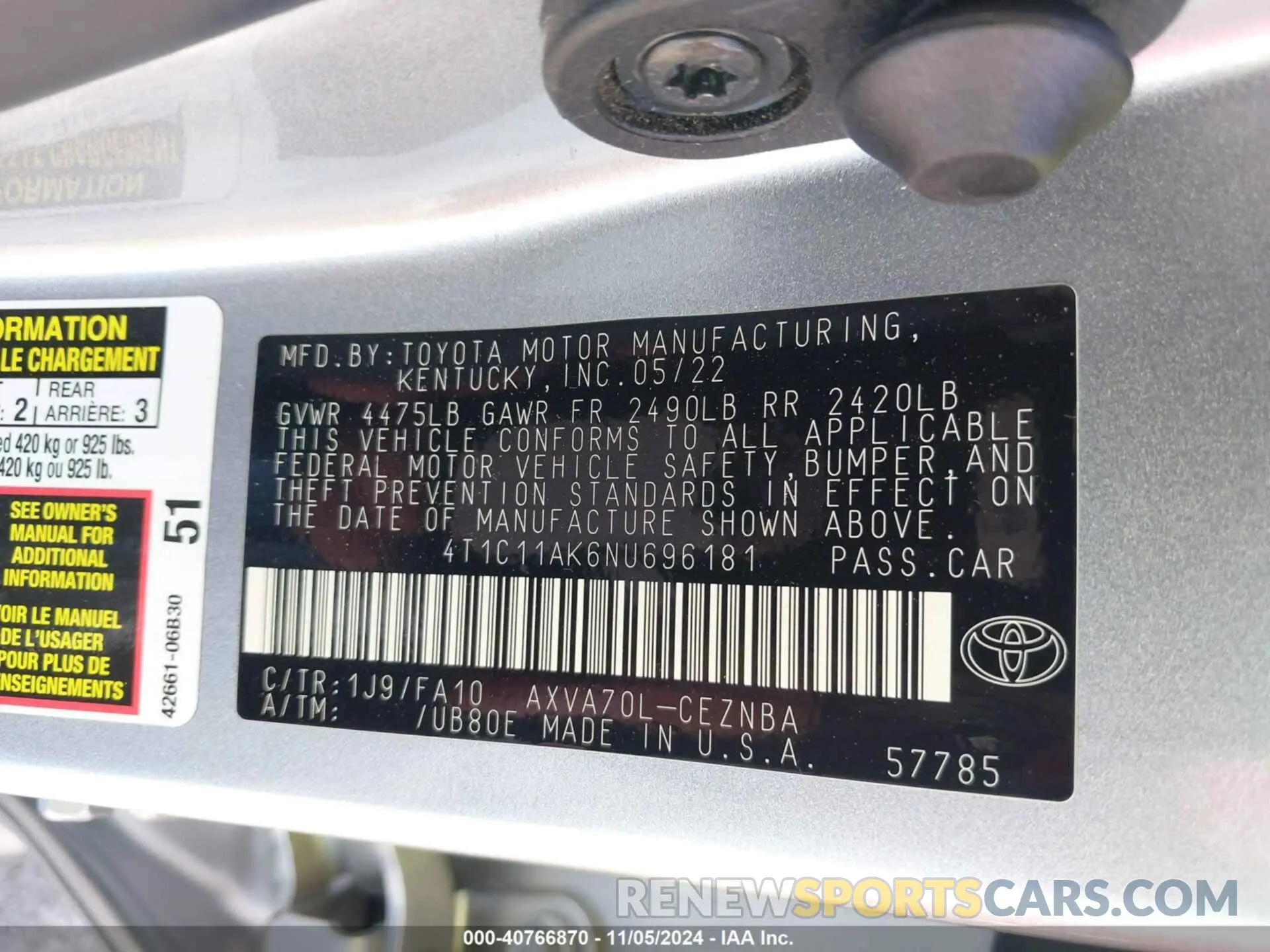 9 fotografías del automóvil dañado 4T1C11AK6NU696181 TOYOTA CAMRY 2022