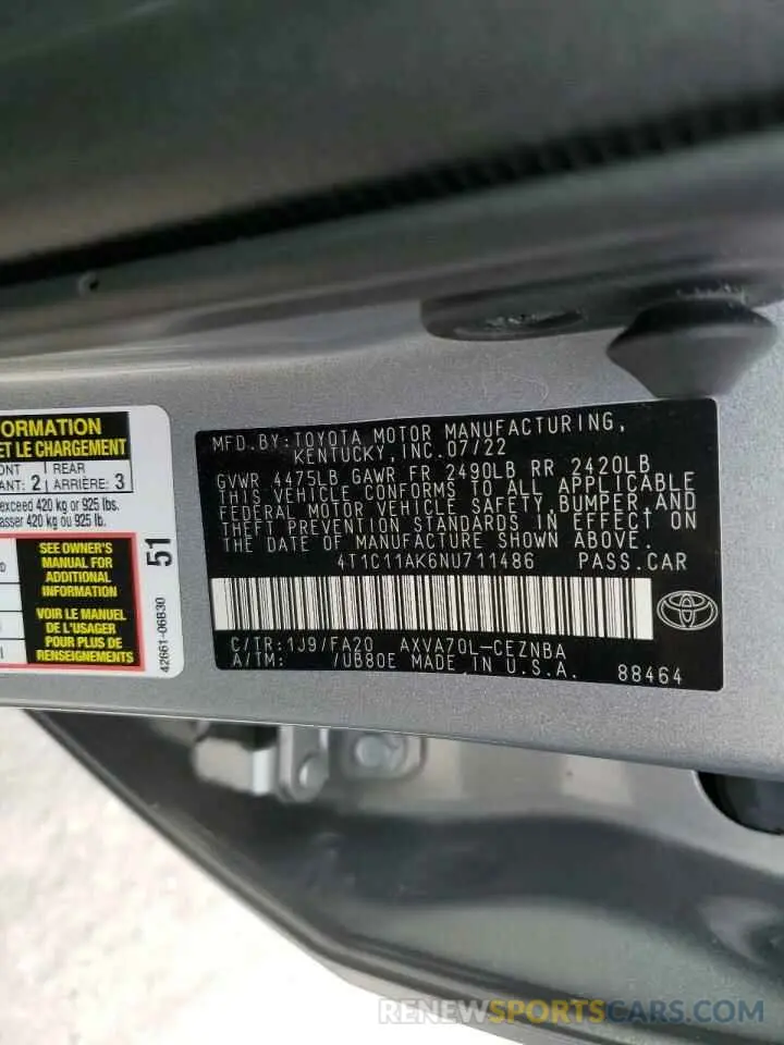 12 fotografías del automóvil dañado 4T1C11AK6NU711486 TOYOTA CAMRY 2022
