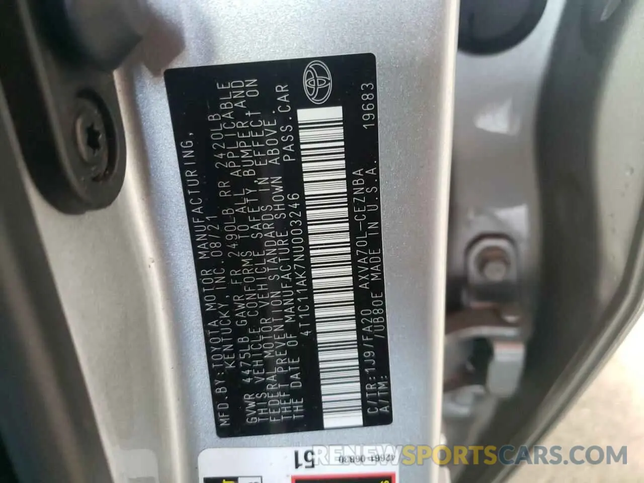 10 fotografías del automóvil dañado 4T1C11AK7NU003246 TOYOTA CAMRY 2022