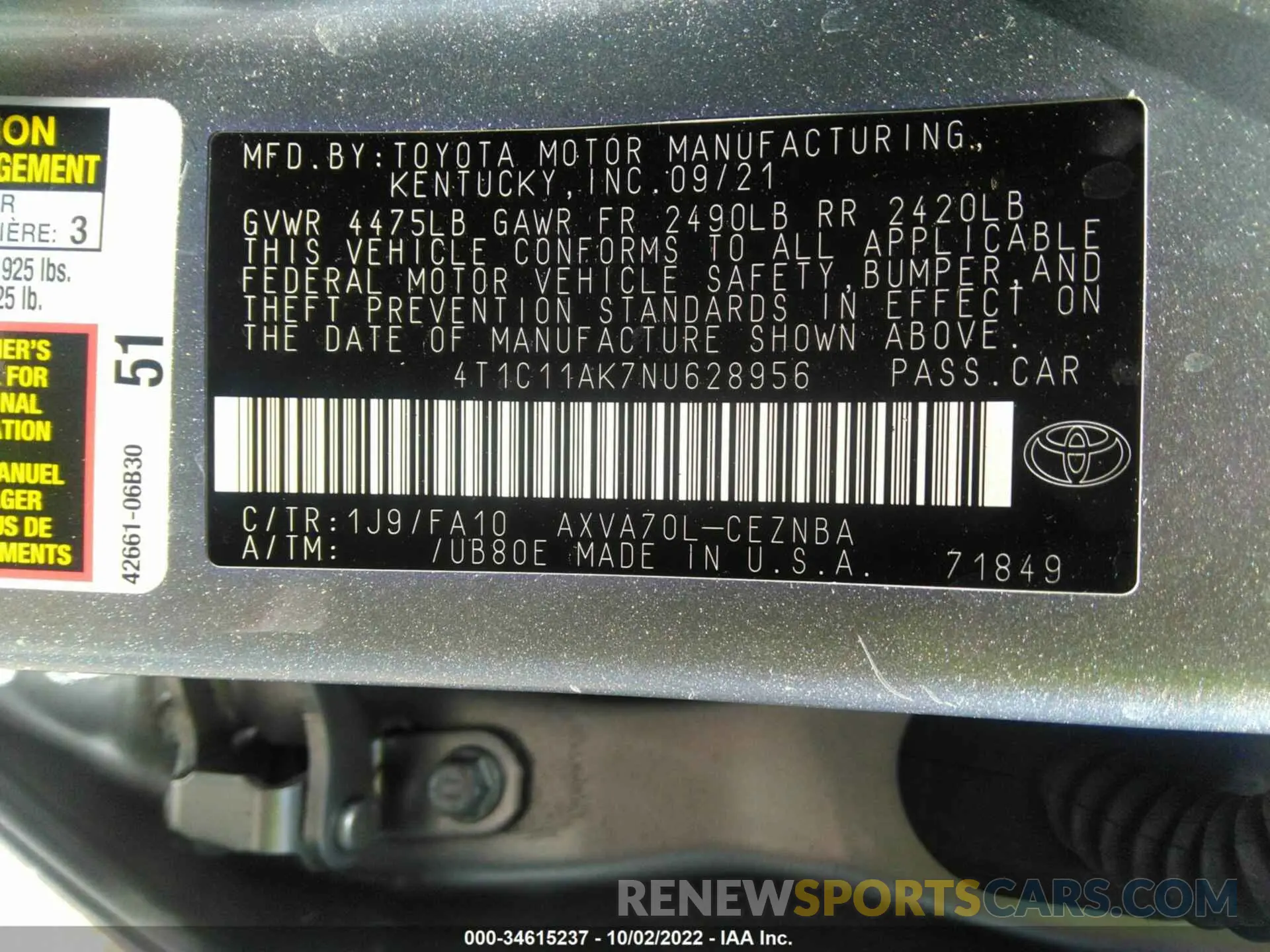 9 fotografías del automóvil dañado 4T1C11AK7NU628956 TOYOTA CAMRY 2022