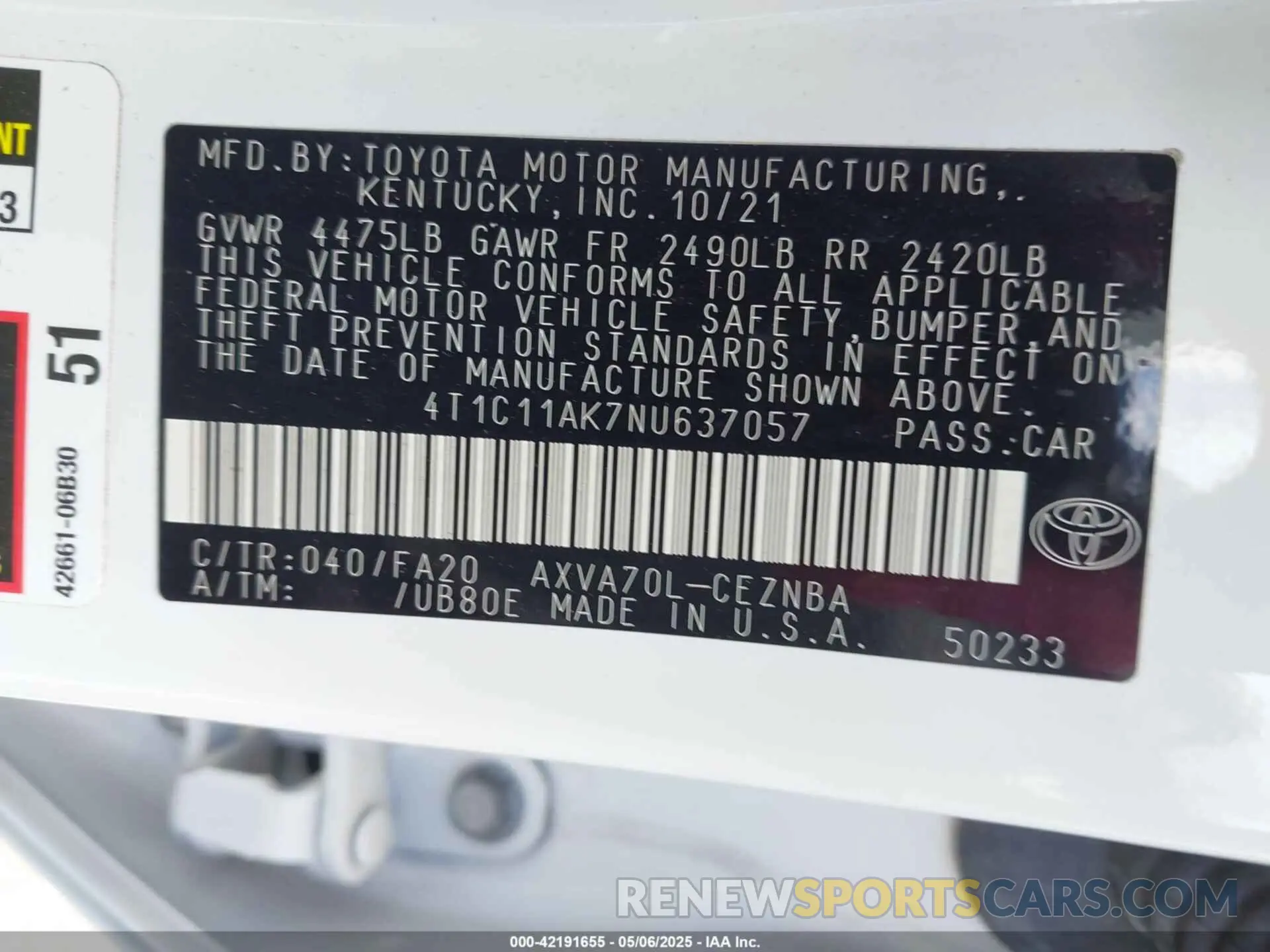 9 fotografías del automóvil dañado 4T1C11AK7NU637057 TOYOTA CAMRY 2022