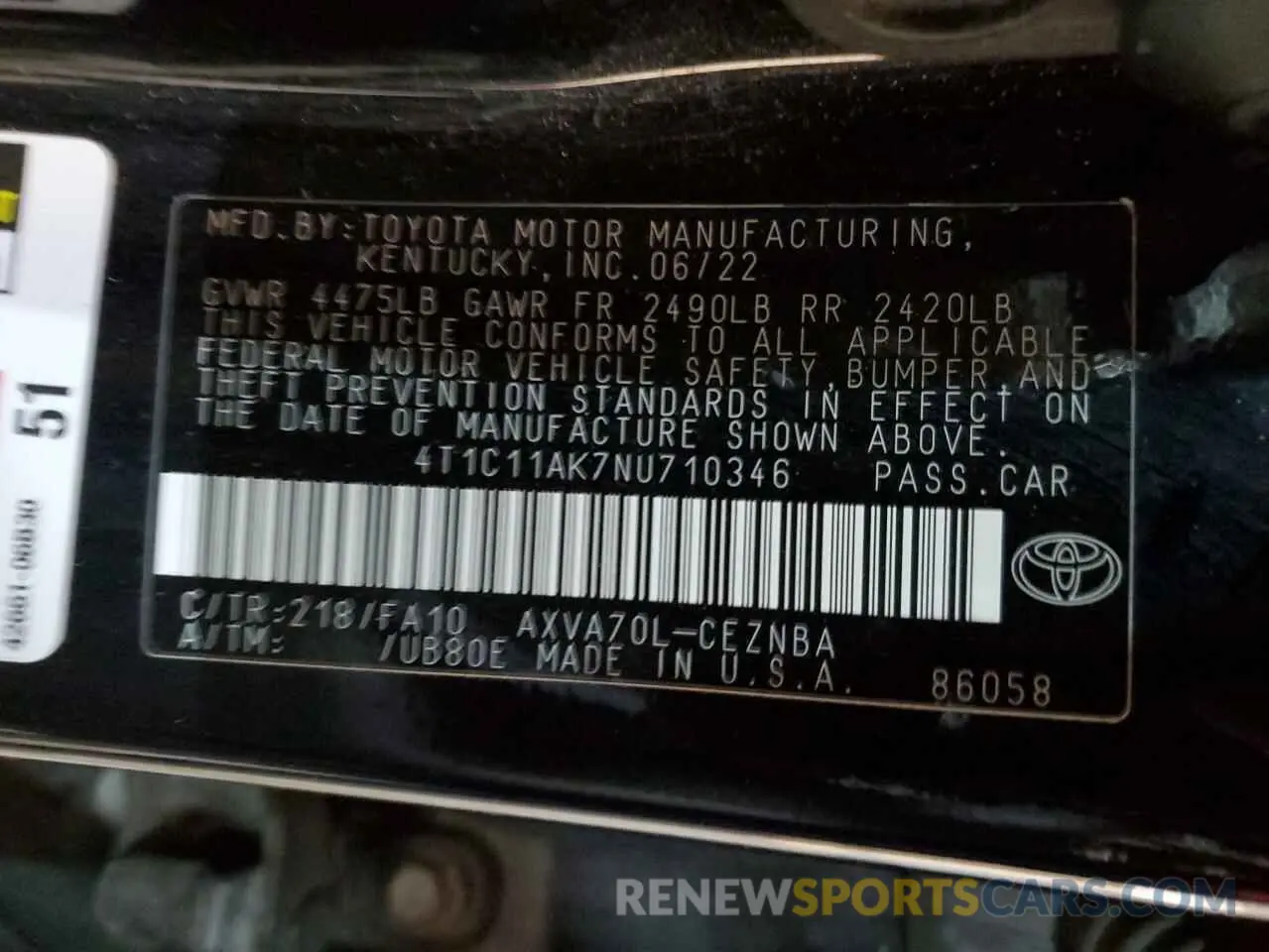 13 fotografías del automóvil dañado 4T1C11AK7NU710346 TOYOTA CAMRY 2022