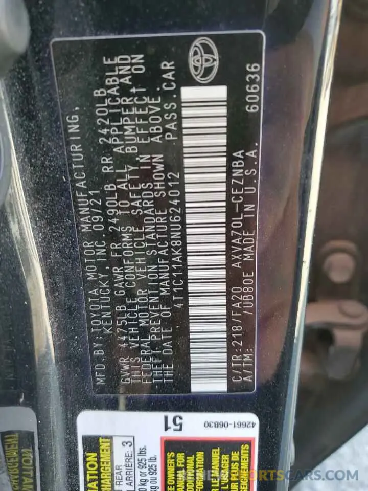 12 fotografías del automóvil dañado 4T1C11AK8NU624012 TOYOTA CAMRY 2022