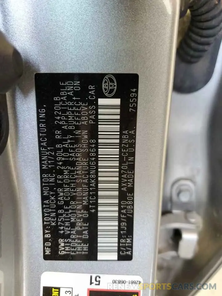 12 fotografías del automóvil dañado 4T1C11AK8NU648648 TOYOTA CAMRY 2022