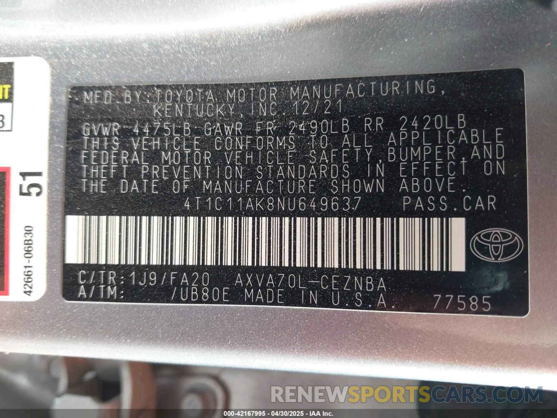 9 fotografías del automóvil dañado 4T1C11AK8NU649637 TOYOTA CAMRY 2022