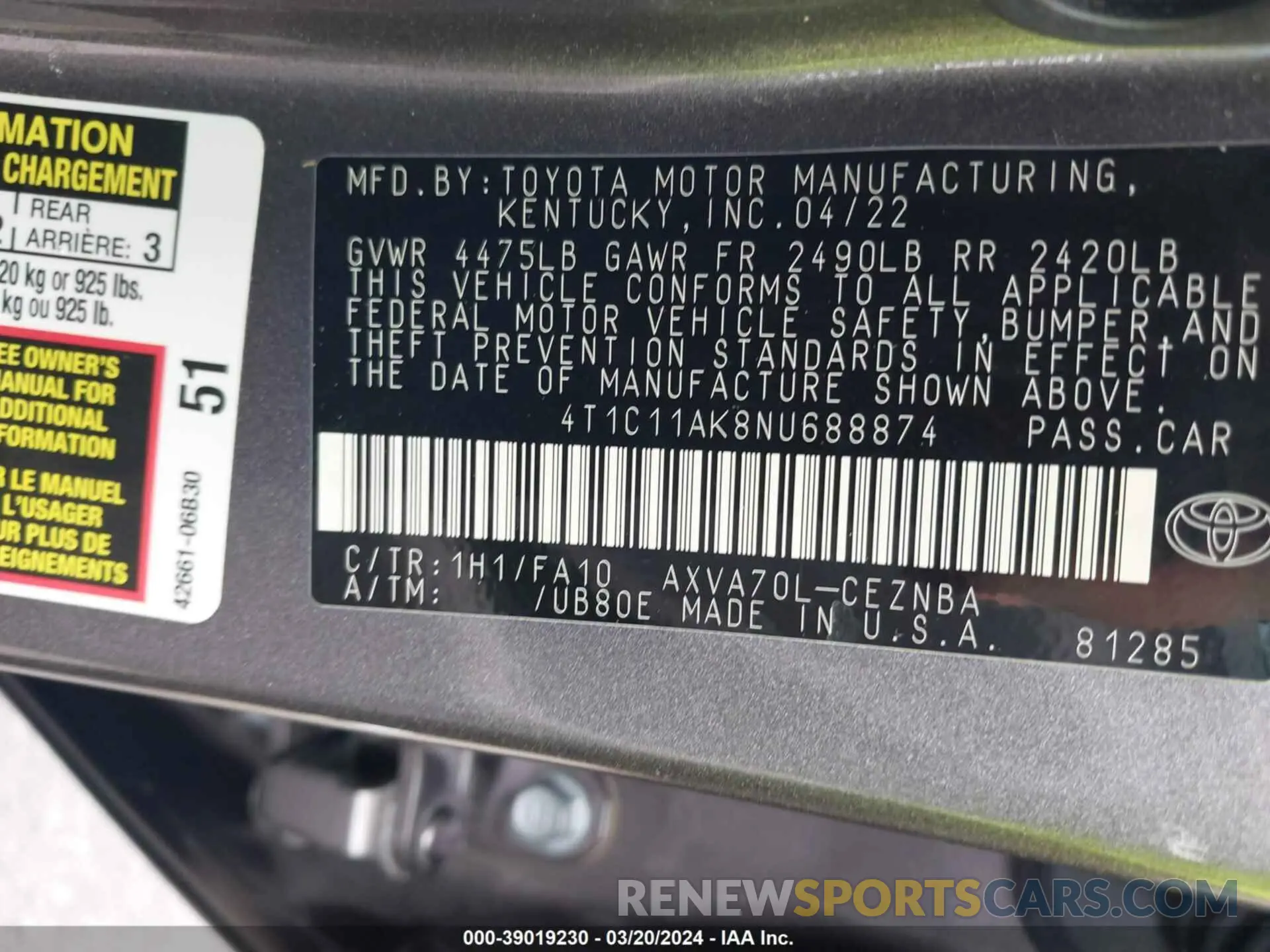 9 fotografías del automóvil dañado 4T1C11AK8NU688874 TOYOTA CAMRY 2022