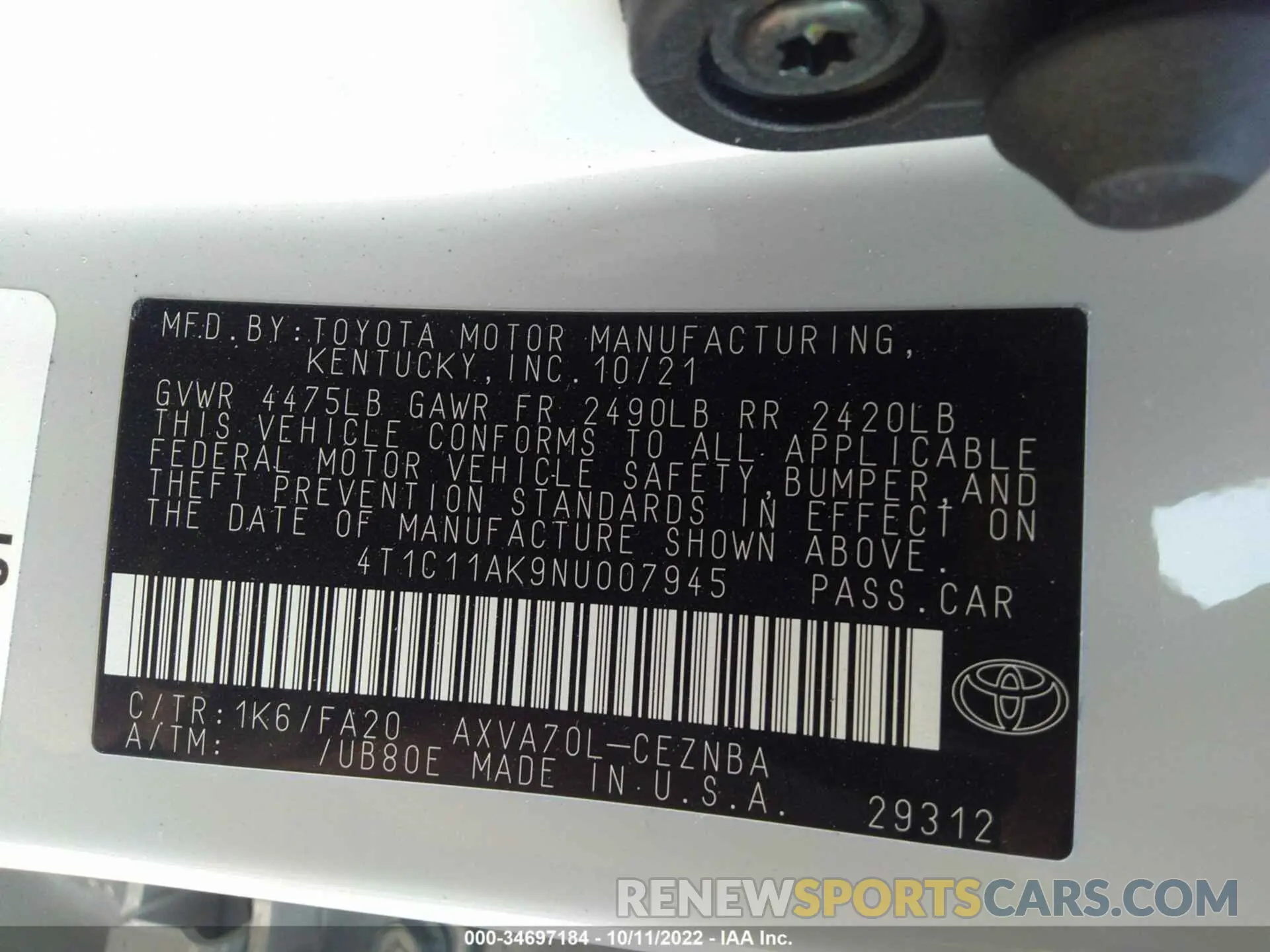 9 fotografías del automóvil dañado 4T1C11AK9NU007945 TOYOTA CAMRY 2022