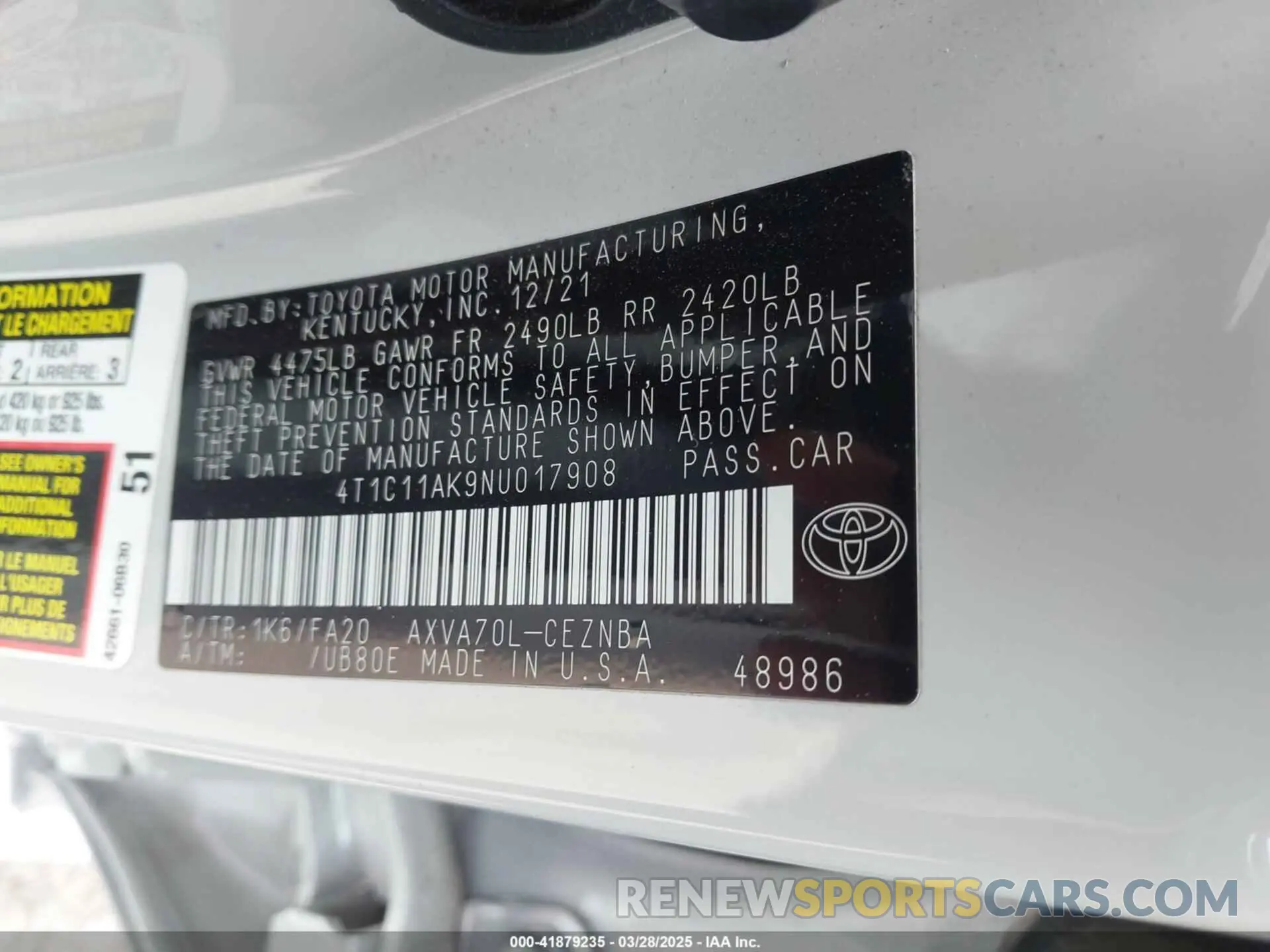 9 fotografías del automóvil dañado 4T1C11AK9NU017908 TOYOTA CAMRY 2022