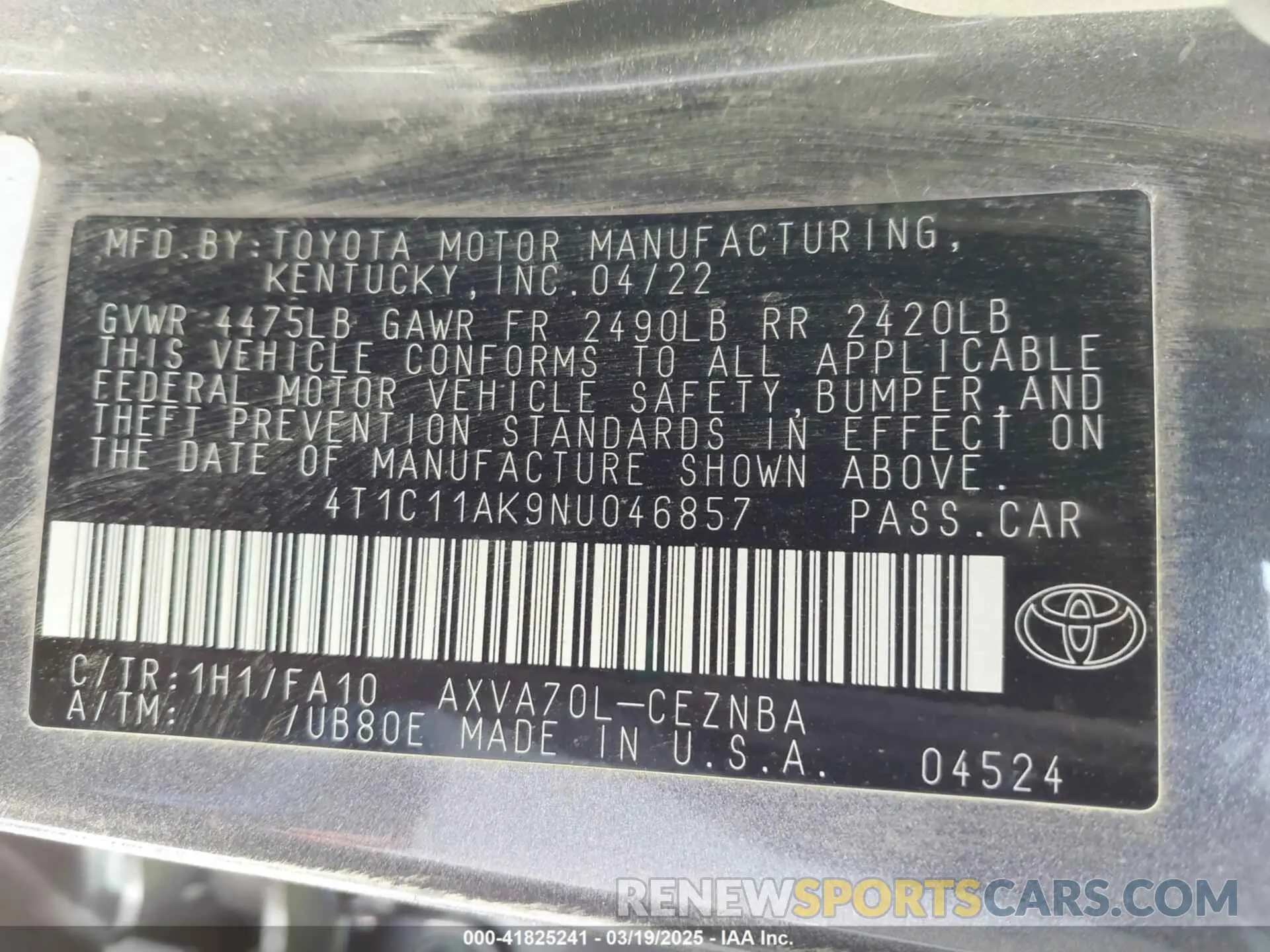9 fotografías del automóvil dañado 4T1C11AK9NU046857 TOYOTA CAMRY 2022
